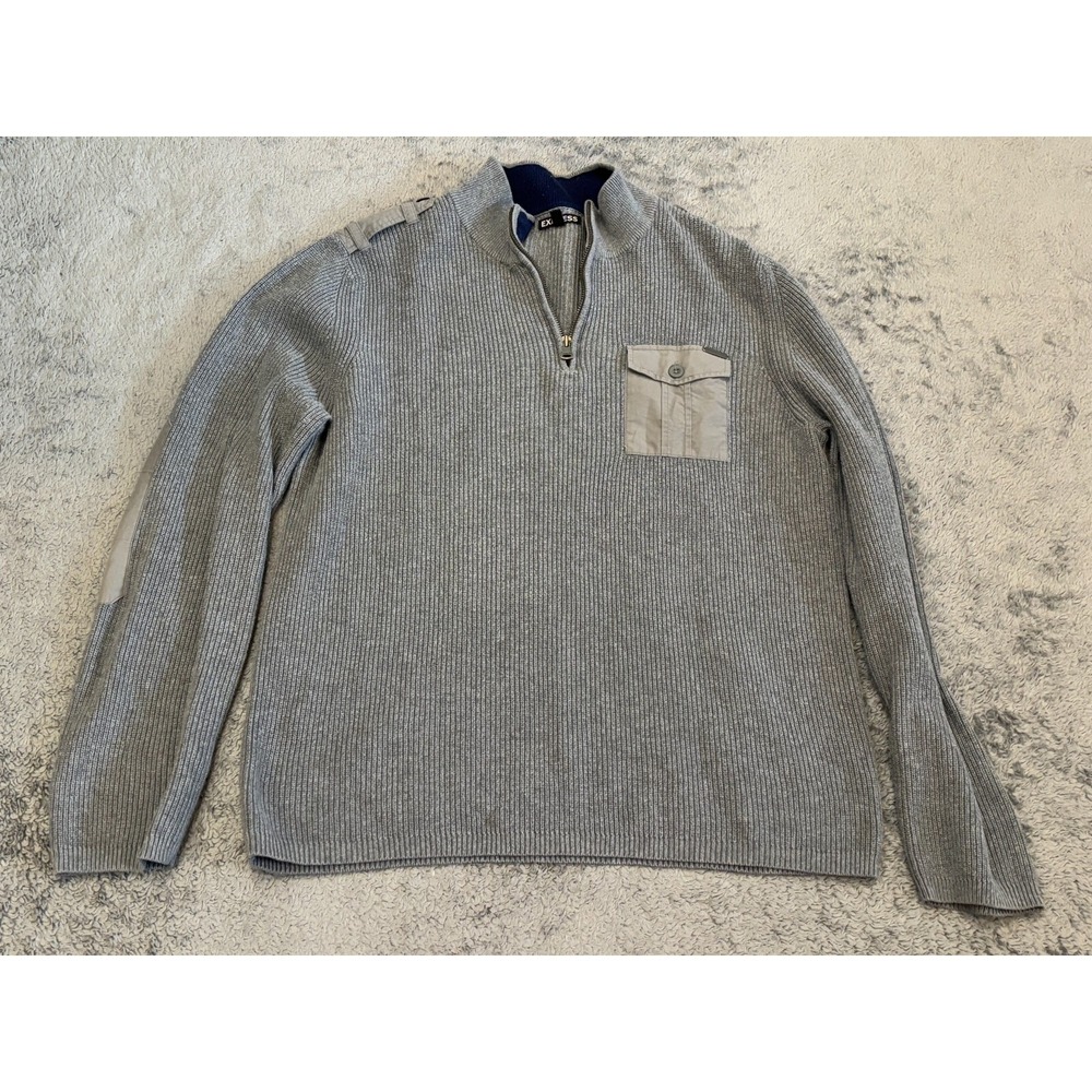 Express 1/4 Zip Sweater Mens Large Gray Ribbed Long Sleeve Waffle Knit Thermal
